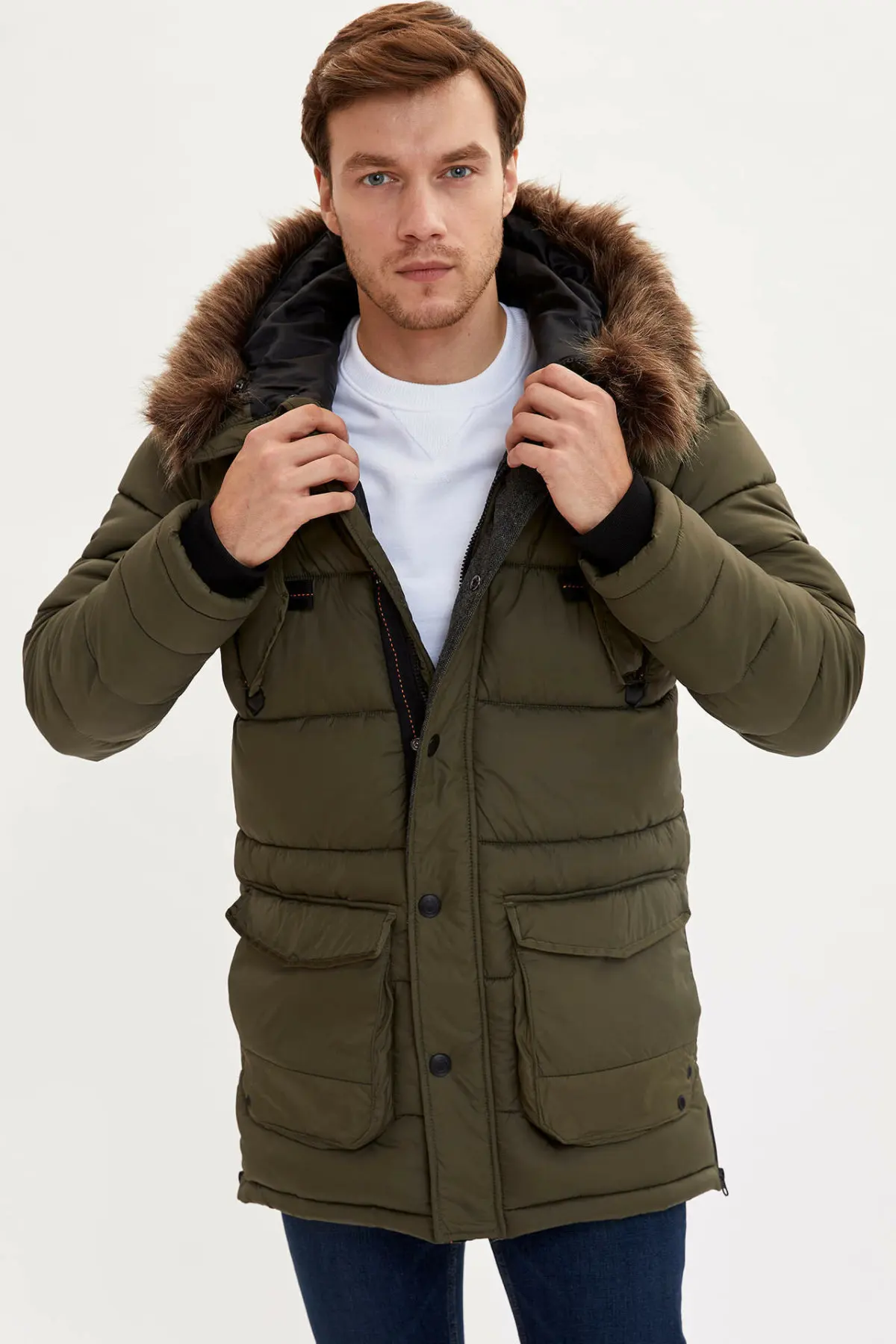 DeFacto мужское зимнее армейское зеленое пуховое пальто с капюшоном толстое теплое