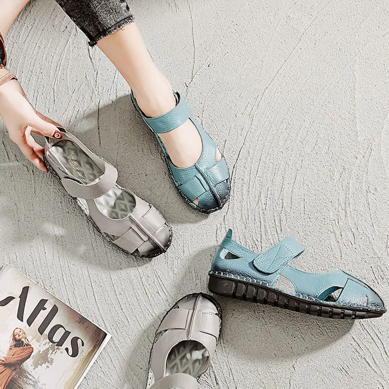 Big Size 35-42 Vintage Genuine Leather Shoes Women's Loafers Retro Mary Jane Shoes Ladies Red Moccasins Flats Shoe Trendy Sandal