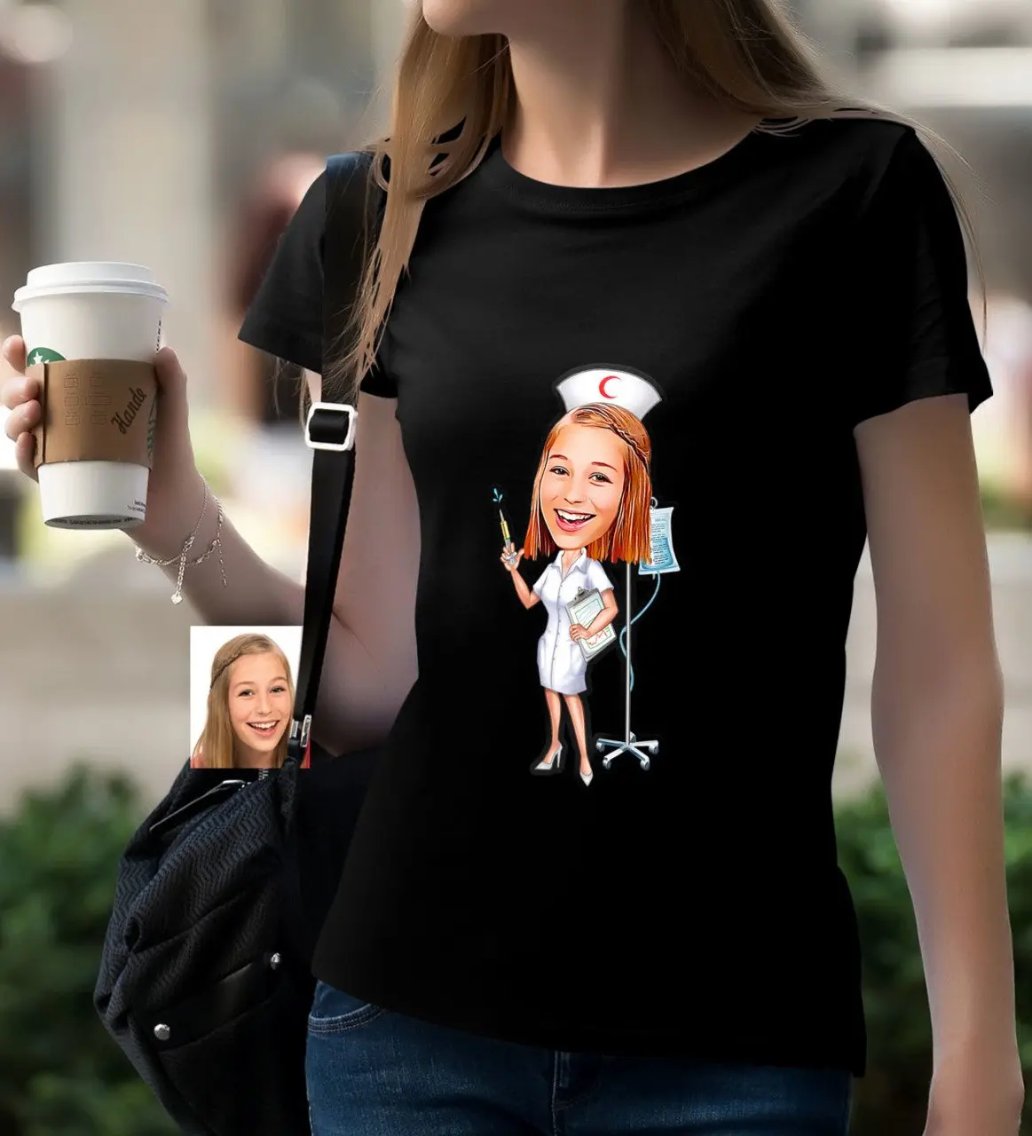 

Персональная карикатура медсестры черного T-Shirt-2