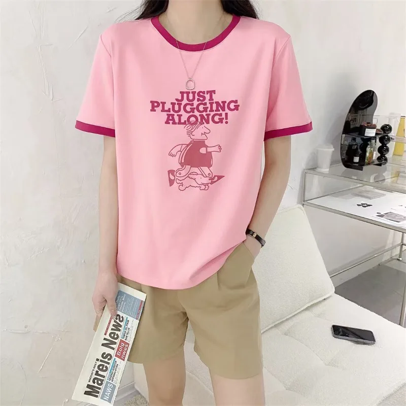 

100% Cotton Women's Short Sleeve Tee Top 2022 Summer Ultra Soft Graphic Stitch Basic T Shirt Young Lady Girls Pink