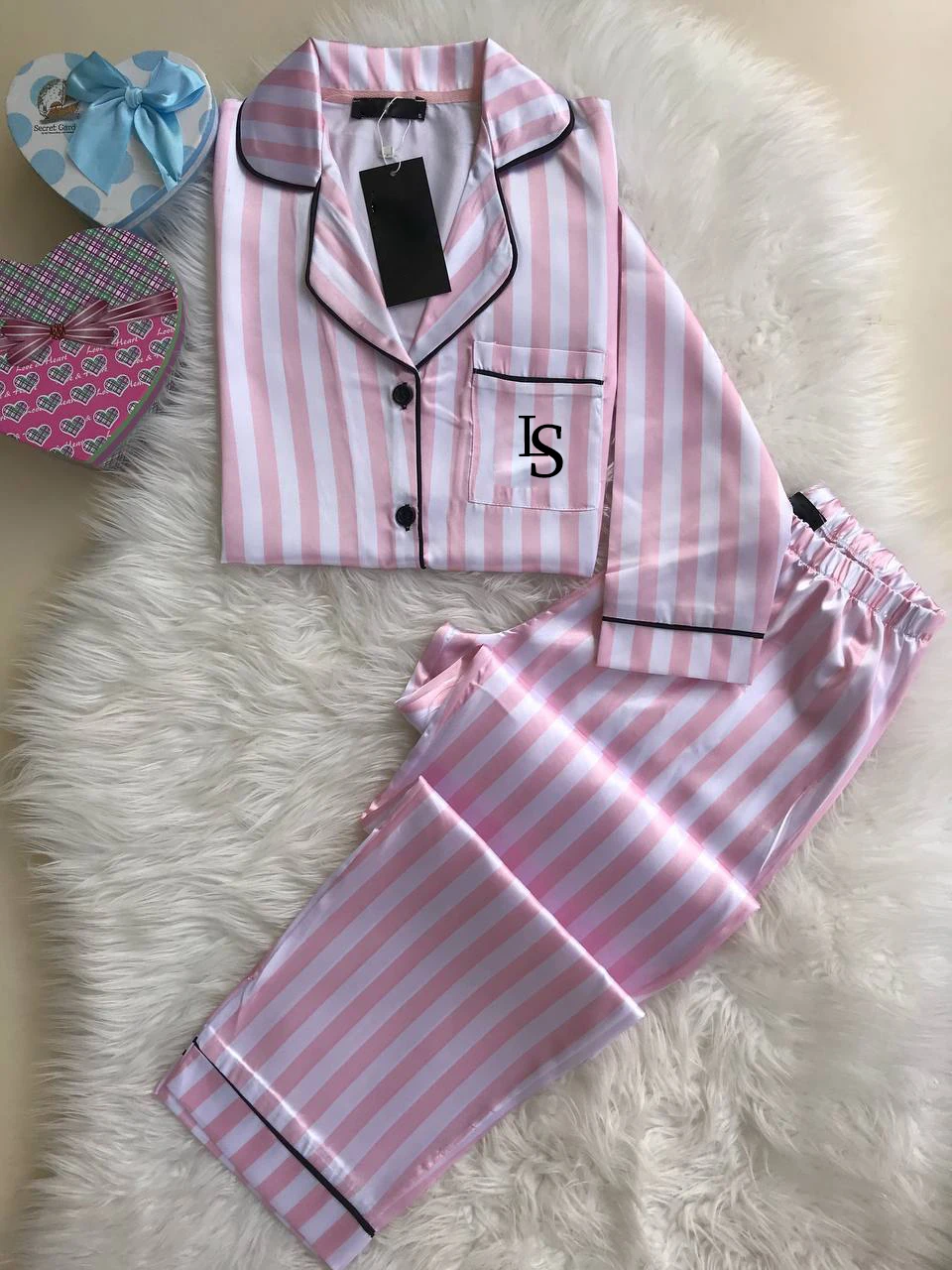 

Luxury Nightwear Clothes Pink White Satin Cotton size Pajamas Set kit Pyjamas