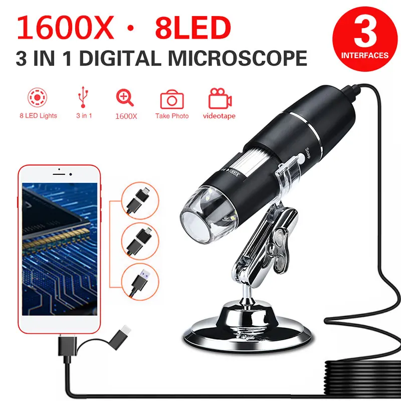3 в 1 Новый Портативный HD 1600X 2MP цифровой USB микроскоп камеры 8 светодиодный микро