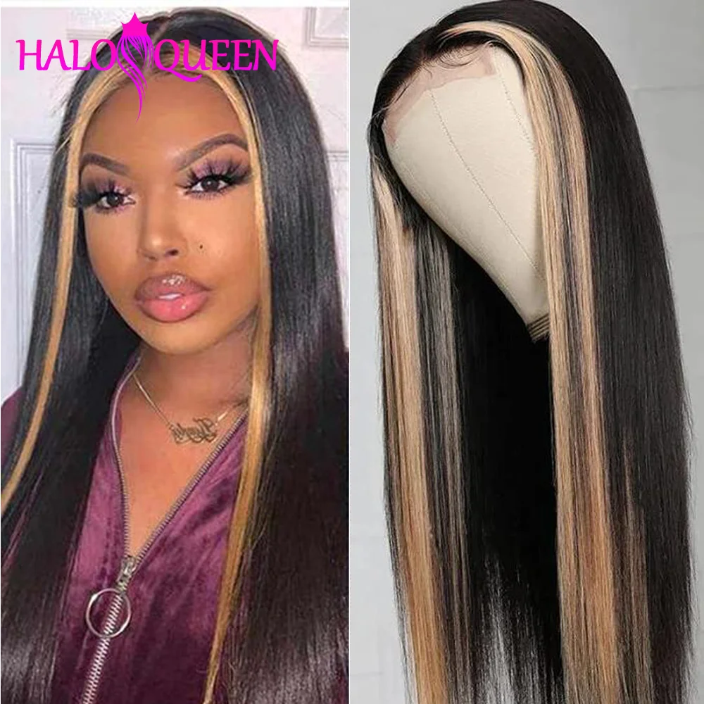 

Highlight Lace Front Wigs 1B/27 Color Human Hair Silky Straight Highlight 13x4 Lace Frontal Wigs Pre Plucked 180% Density