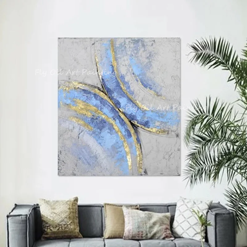 

100% hand painted Gold Foil Grey Blue Canvas Style Modern Oil Painting Oil Paintings Art Home Decoration Pieces For office