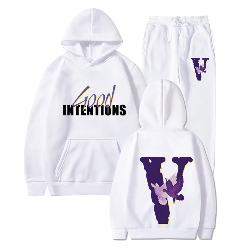 

Spring New Trendy Hip Pop Simple Casual Plush Loose Purple V Black Letters Printing Youth Women And Mens Hoodie Suit