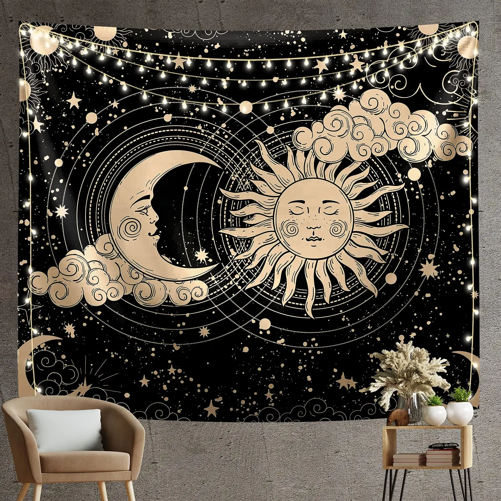 

Sun and Moon Tapestry Polyester Cotton Aesthetic Black Dark Spiritual Tapestries Wall Hanging Room Decor for Bedroom Livingroom