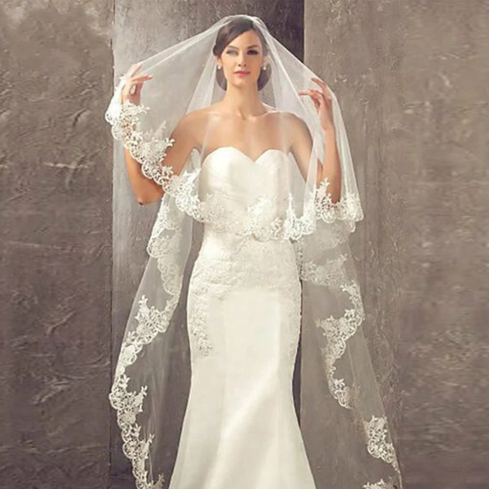 

Luxury 1 Layer Wedding Veils Lace Edge Bridal Veil Wedding Cathedral Long Veil Chapel Length Soft Fingertip Veil