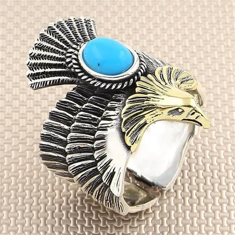 Biker Eagle Design 4 Color Real Pure Sterling Silver Ring 925 For Men With Natural Stones Handmade Turkish Jewelry