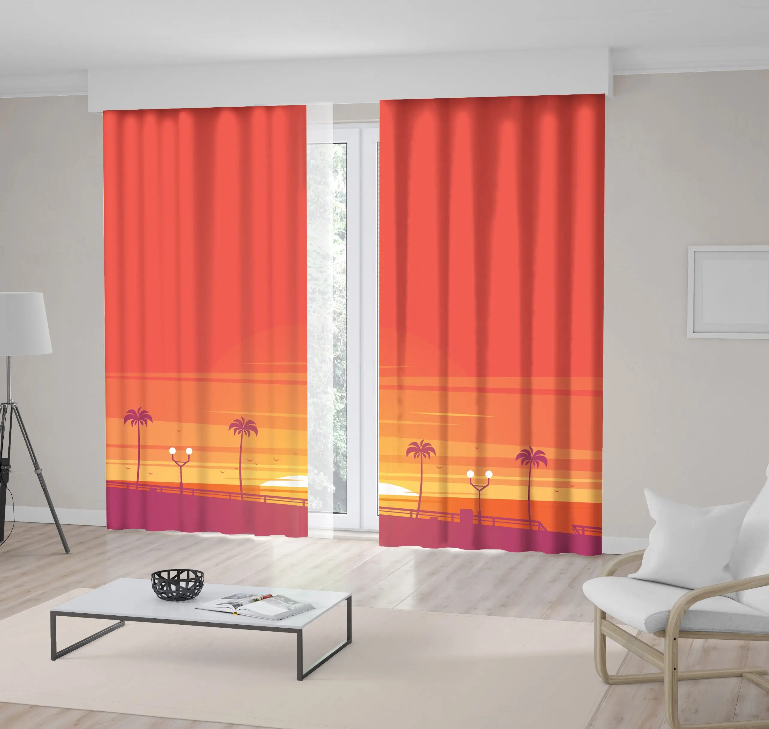 Занавес пляж с пальмами на закате пейзаж океан горизонт тропические летние дни