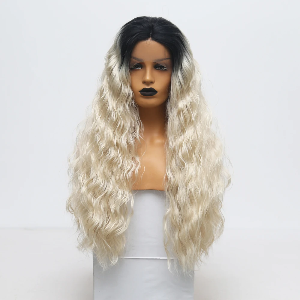 

QUINLUX WIGS Ombre Platinum Blonde Synthetic Hair Natural Hairline Body Wavy Lace Front Wigs Half Hand Tied Cosplay Heat Fiber