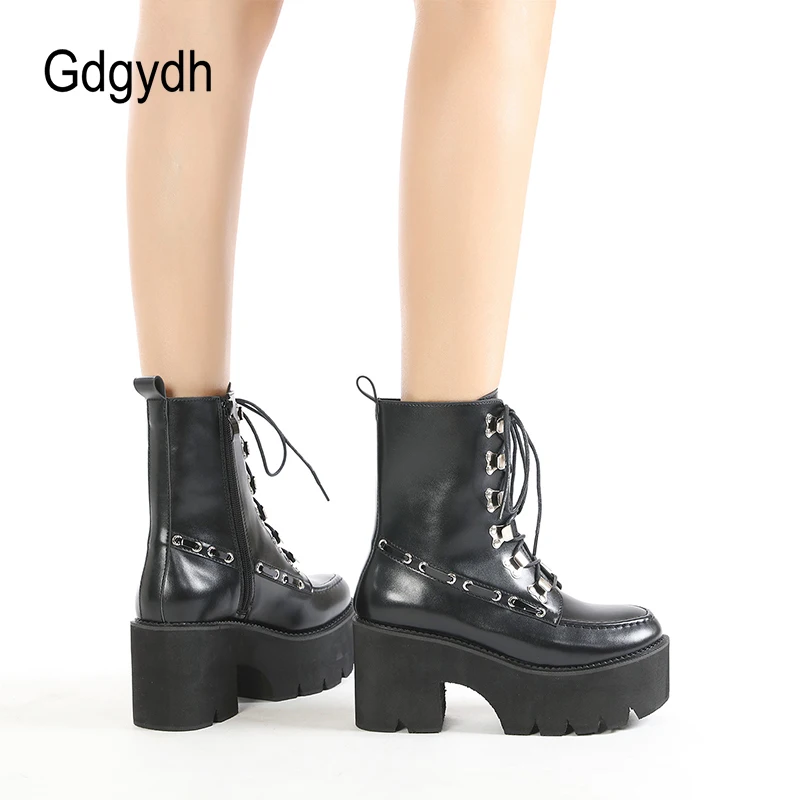 Gdgydh Vegan Leather Womens emo Boots Gothic Platform Chunky Heels Black Zipper and Lace Up Combat Boots for Women Fall Sewing