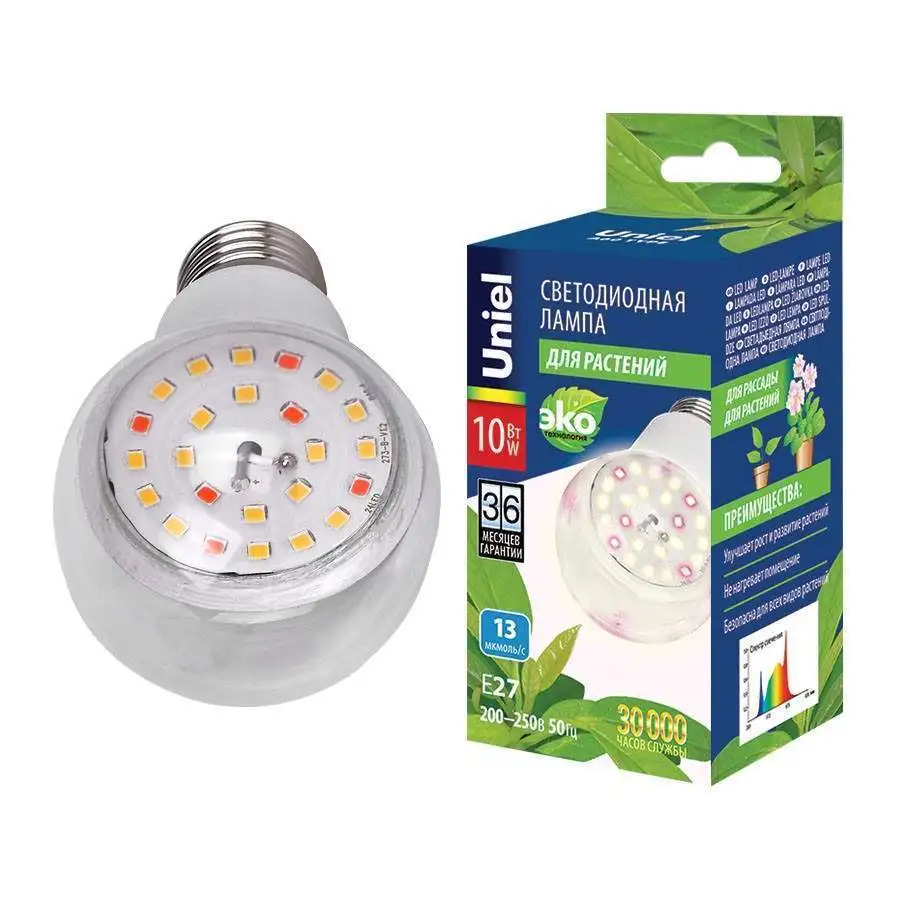 Uniel фито лампа светодиодн. для растений A60 E27 10W 13мкмоль/с 60x110 прозр. LED-A60-10W/SPFB/E27/CL