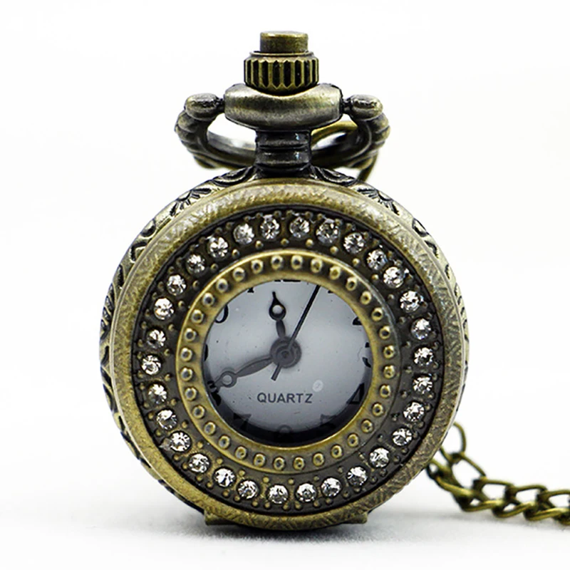 

Fashion Small Dial Bronze Antique Vintage Hollow Rhinestone Pendant Quartz Steampunk Pocket Watch for Men Women TD2157