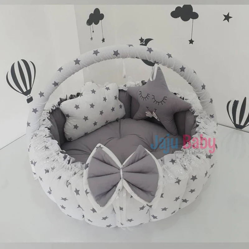 Jaju Baby Handmade Gray Color Play Mat Open-Close Babynest Baby Nest Play Mat with Toy Apparatus