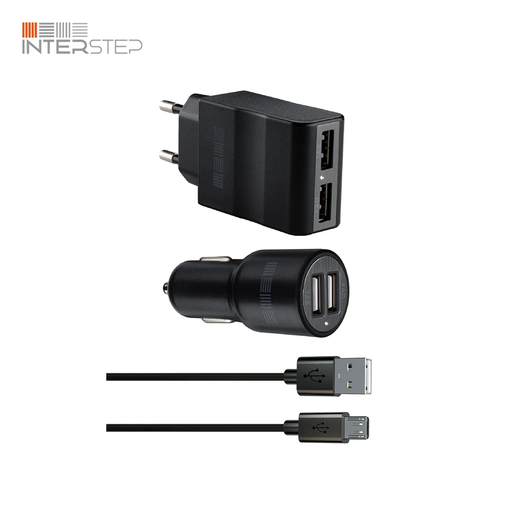 Набор автомобильное и сетевое зарядное устройство INTERSTEP 20Вт+10Вт кабель microUSB 2A в