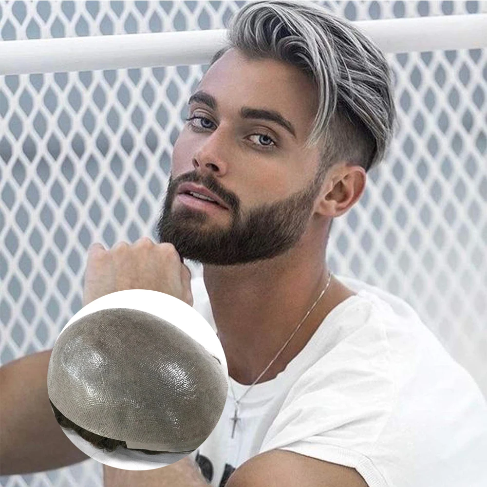 Парик для мужчин серый капиллярный протез из прозрачной искусственной кожи