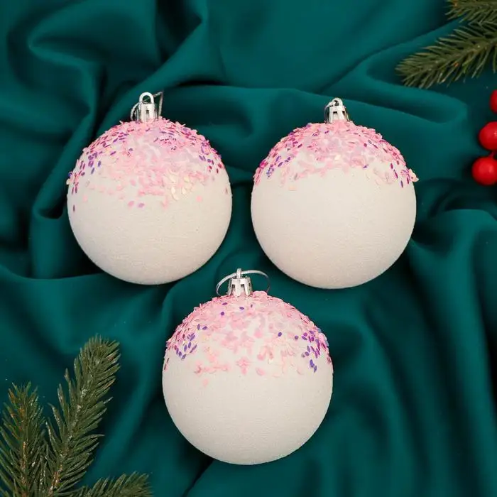 Набор шаров пластик d-8 см 3 шт 'Новелла блеск' бело-розовый (комплект из 4 шт) |