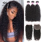 Волосы UNice вьющиеся человеческие волосы 3 пряди с Закрытие 4PCS бразильские волосы переплетения пряди с закрытием кружева вьющиеся средства для ухода за волосами