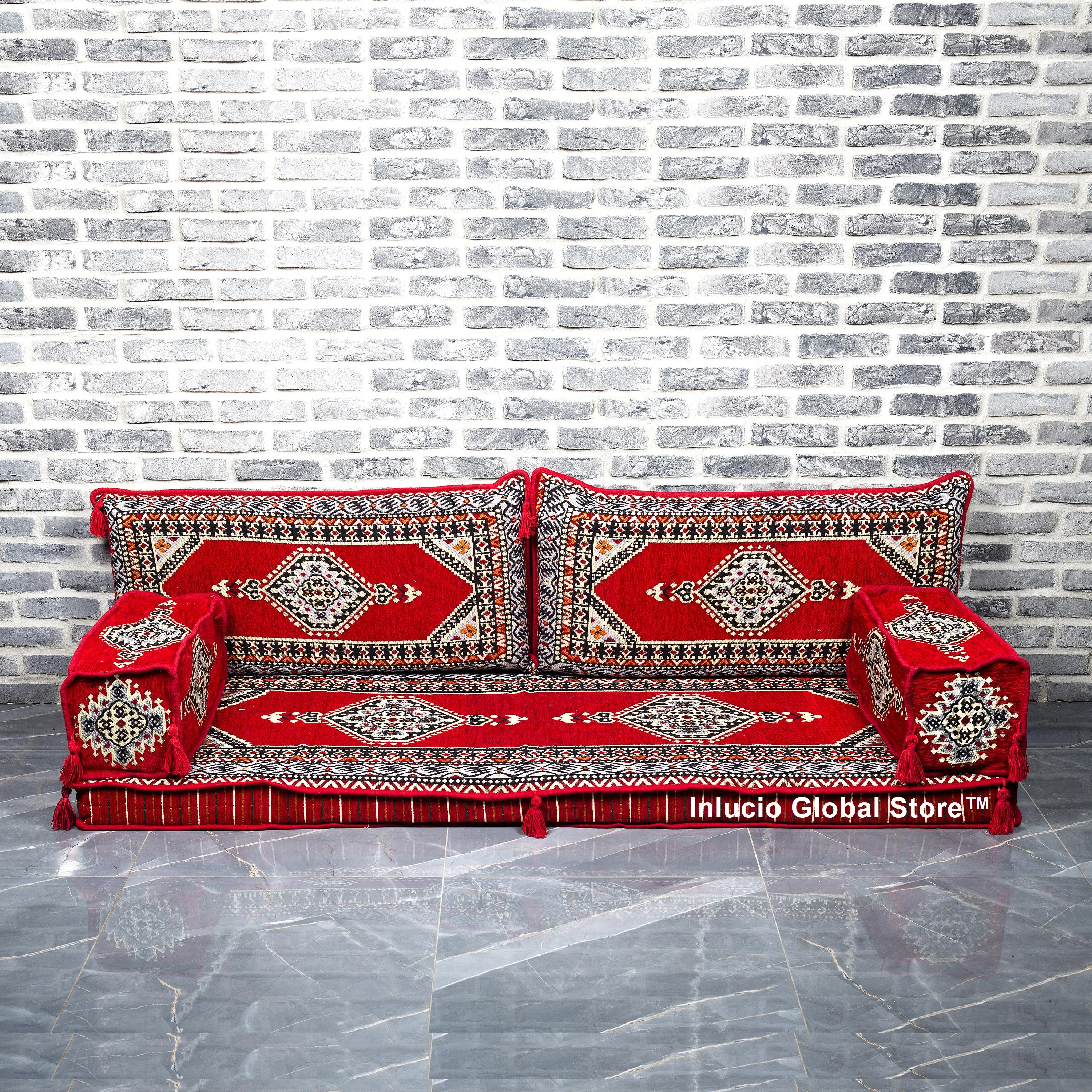 

Arabic Majlis Sofa Floor Seating Set Traditional Design Lounge Ottoman Couch Rug Jalsa Red Pillow Cushion Mesopotamian Corner