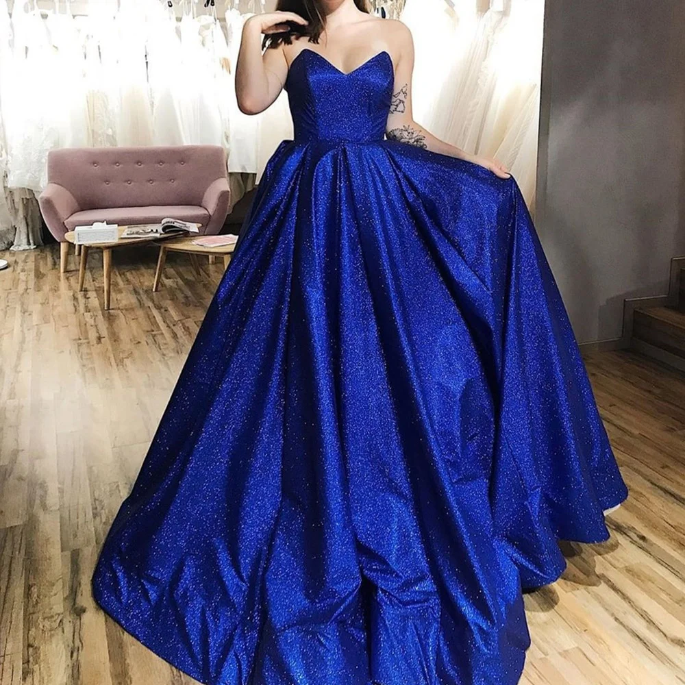 A Line Royal Blue Prom Dress Sleeveless Dance Dresses V Neck Formal Dresses Long Sweep Train Evening Dresses Sequin Robe Soiree