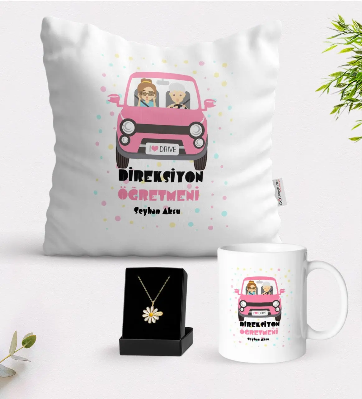 

Personalized Special Steering Wheel Teacher White Mug Cushion and Is Daisy Necklace Gift Set