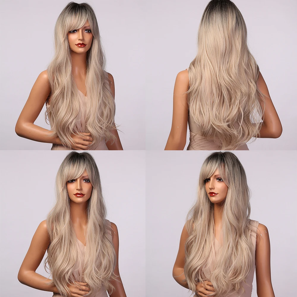HENRY MARGU Long Water Wavy Synthetic Wigs Brown to Blonde Ombre Wigs with Bangs for Women Party Cosplay Heat Resistant Wigs