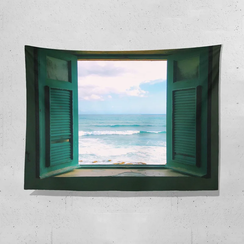 

Bedroom Window Landscape Printing Tapestry Sunset Ocean Hanging Cloth Living Room Tapestry Background Cloth Wall Decoration