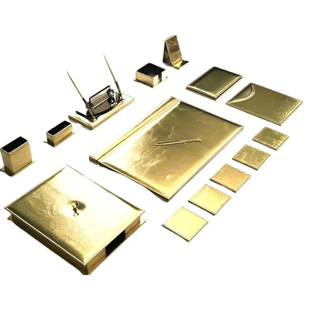 

Office Desk Pad Avant-garde Gold Modern Design Nameplate, Phone Holder Document Organizer, Coasters, Ballpoint & Fountain Pen