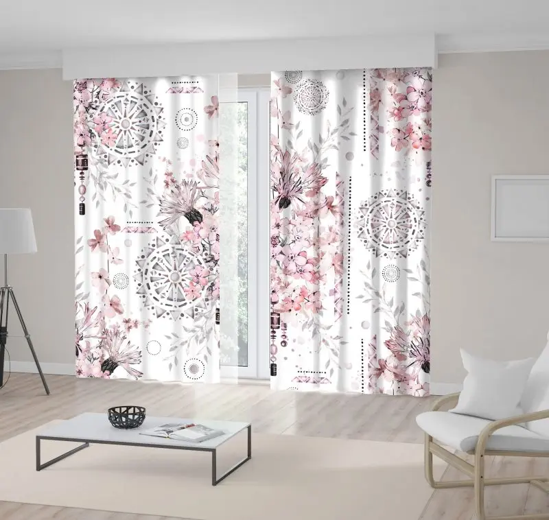 

Curtain Mandala Geometric Patterns and Summer Flower Ornaments Floral Watercolor Art Pink