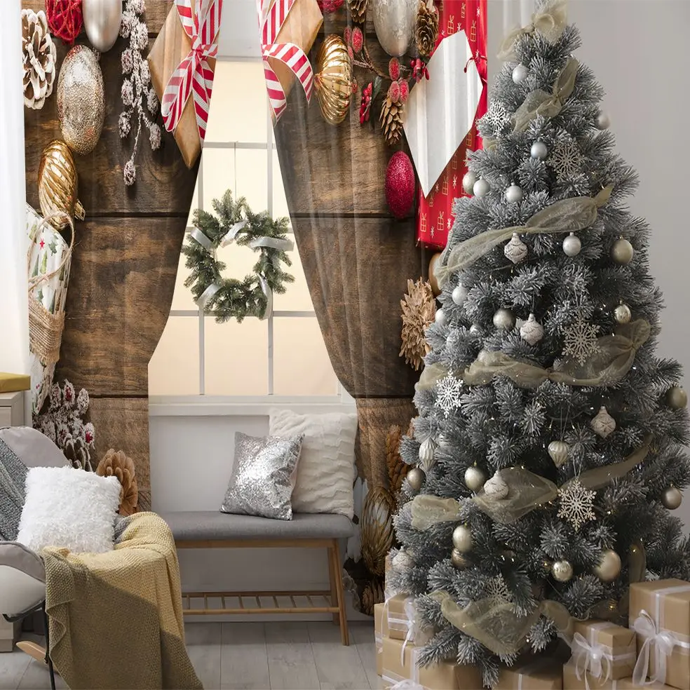 

Curtain Pine Cones Ornaments Colorful Baubles Wrapped Gifts Snowflakes on Wooden Table Celebration Theme Photo Red Brown