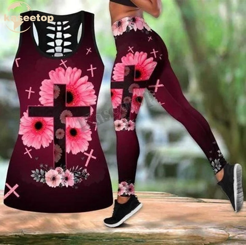 

New Flower Cross Pink Combo Two Piece Yoga Set Women 3D Print Vest Hollow Out Hollow Tank & Legging Outfit Summer Casual LK39