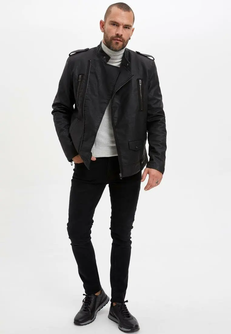 DeFacto Мужская мода лацканы ПУ короткие куртки для мужчин повседневные кожаные