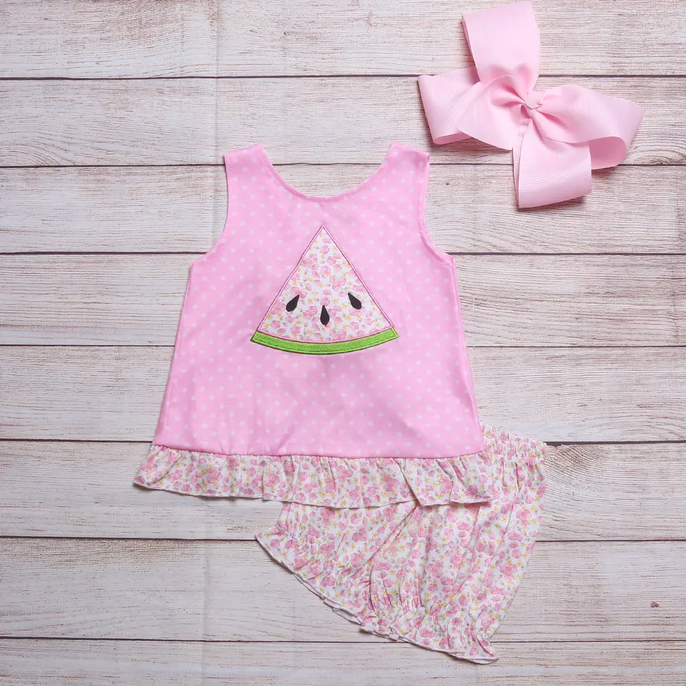 

Summer Girls Pink Clothes Watermelon Embroidery With Bow Sleeveless Top And Floral Short Toddler Girl Outfits