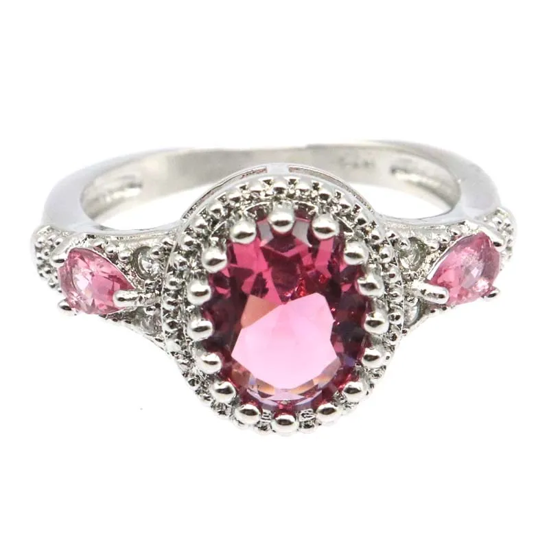 

21x12mm SheCrown Lovely Cute 3.3g Created Pink Tourmaline Girls Daily Wear Silver Rings Wholesale Drop Shipping