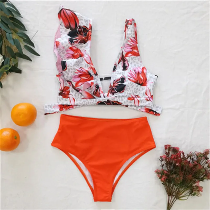

Hot Floral Ruffled V-neck Bikini Set Swimwear High Waist Bikini Woman 2020 Sexy Swimsuits Lady Girl Beach Bathing Suits Biquinis