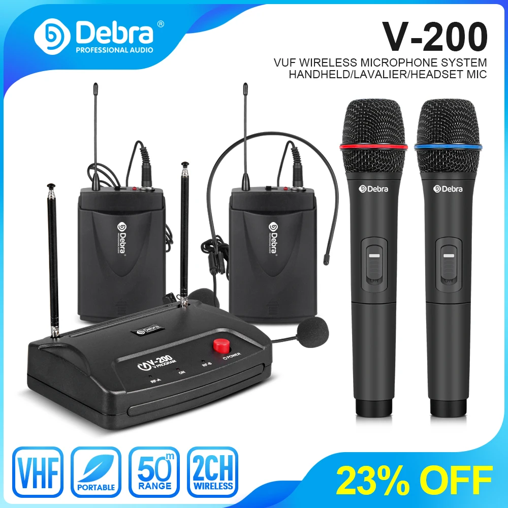 

Debra V-200 2 Channel VHF Wireless Microphone System with Handheld Mic and Lavalier Mics for karaoke Family Party