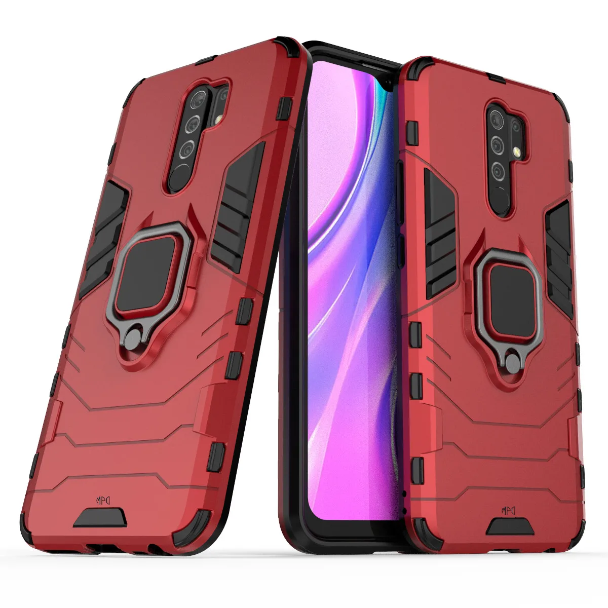 Compatible hydrogel case + Protector for Xiaomi Redmi 9 with rotating ring 360 ° hard shock resistant magnotic case