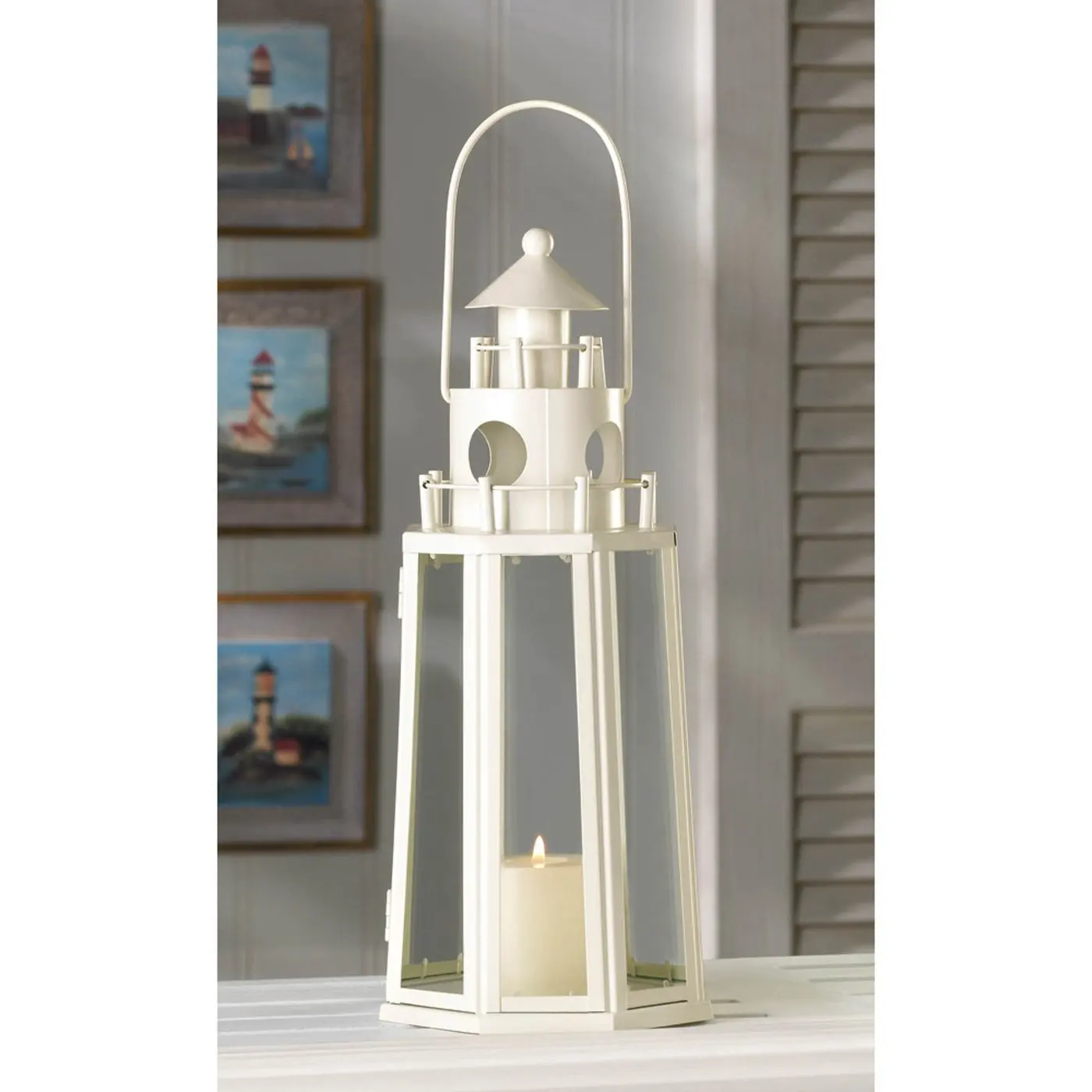 

Accent Plus Nostalgic Ivory Lighthouse Candle Lantern 12 Inches Made From Iron and Glass Creates A Beautiful Seaside Ambience
