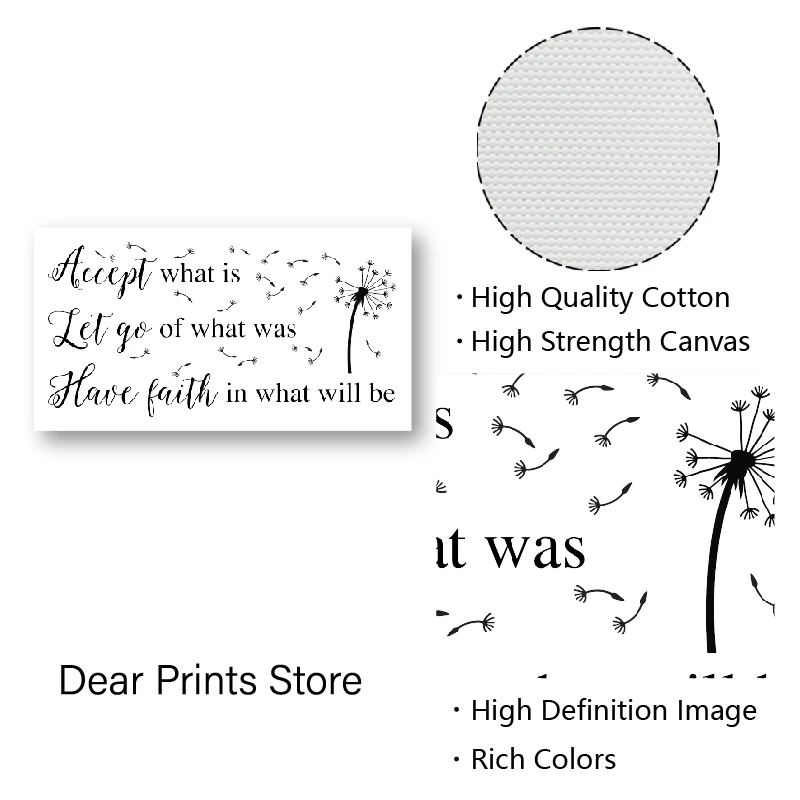 Религиозное вдохновляющее искусство черно-белый холщовый постер с одуванчиком