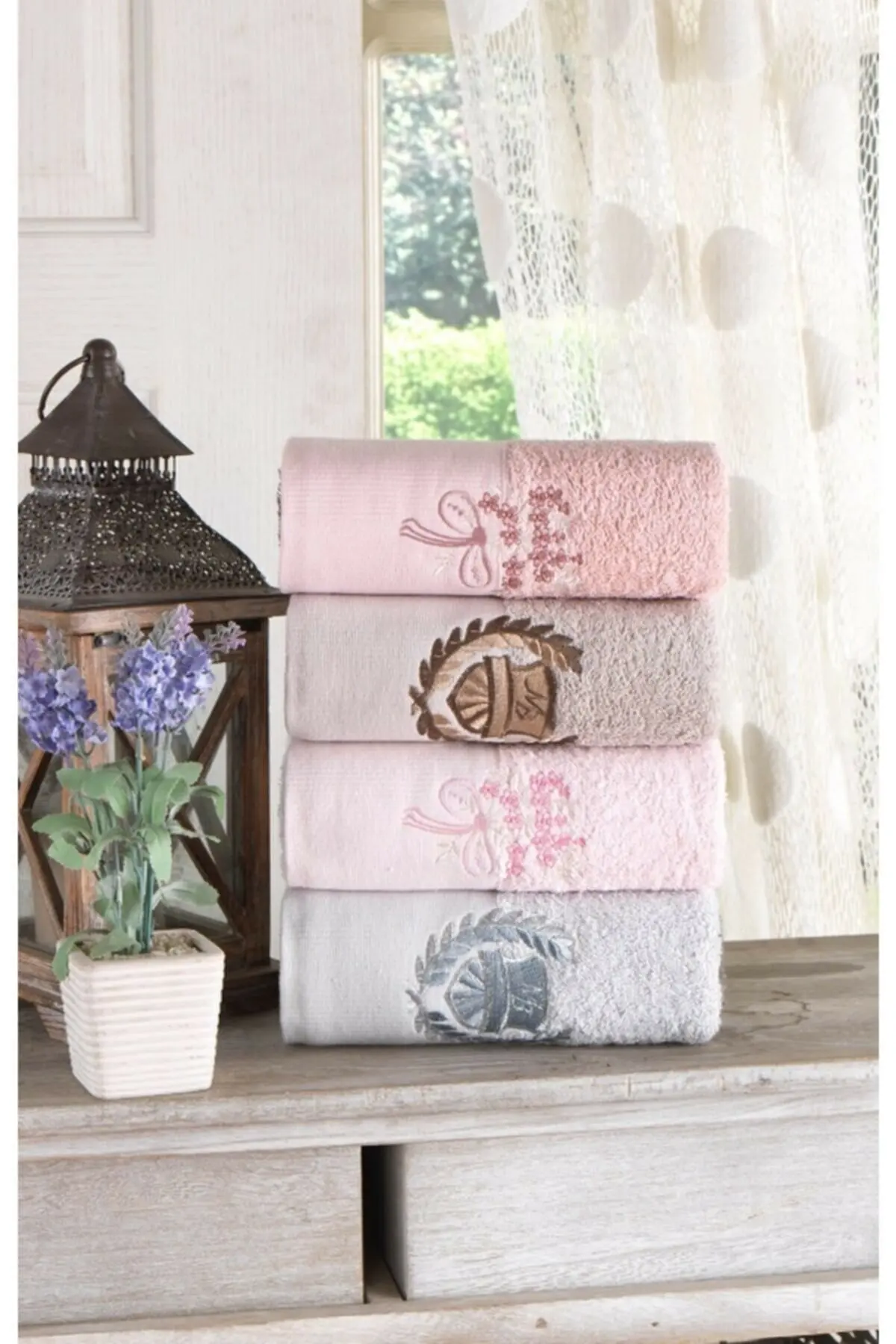 WONDERFULSOFTTextile 100% Cottonlife Set of 4 Hand And Face Towels Embroidered 50x85 CM