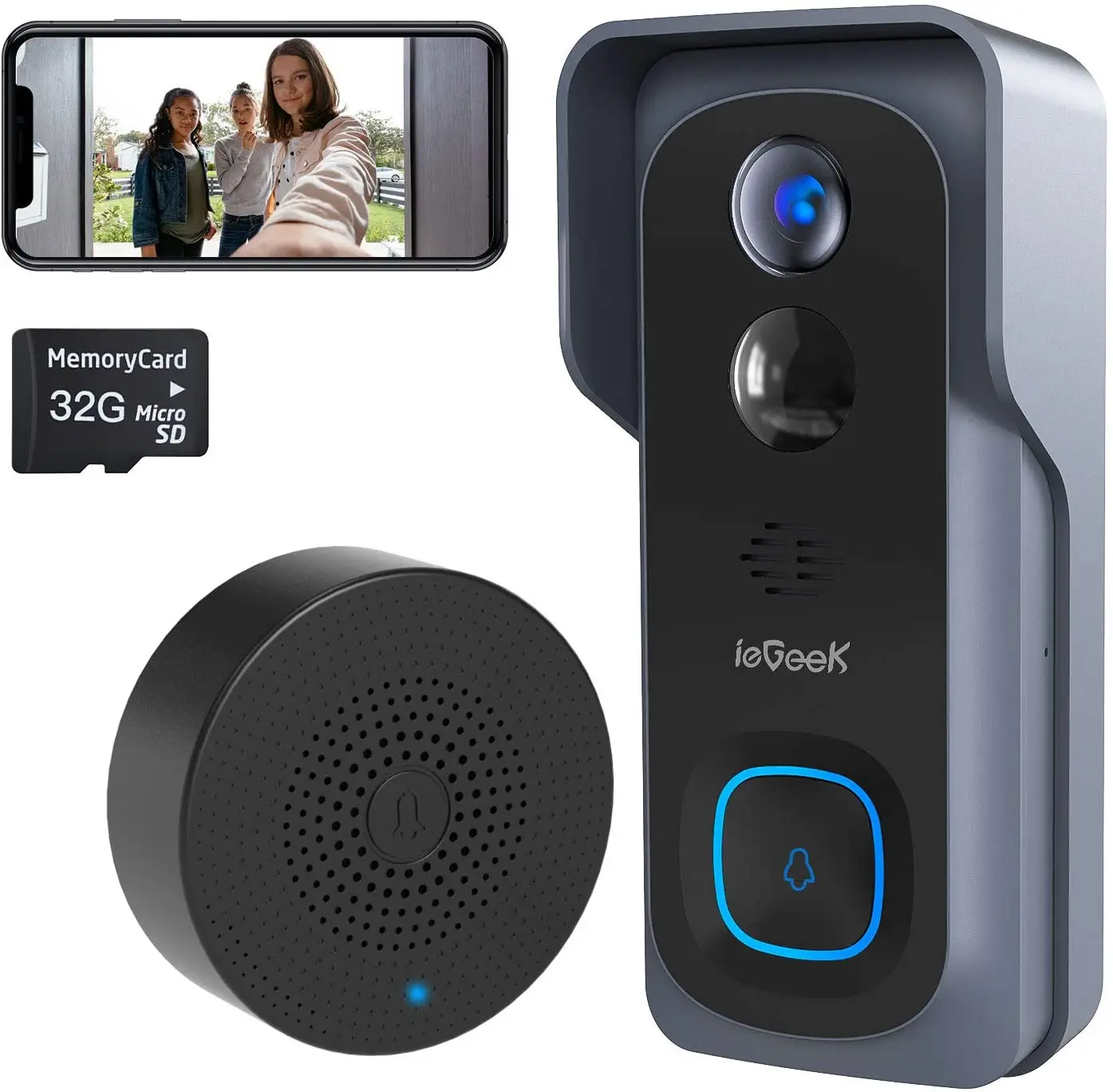 ieGeek 1080P Video Doorbell Camera 6700mAh Battery Wireless WiFi Smart Door Camera with Motion Detection 32GB,2-Way Audio