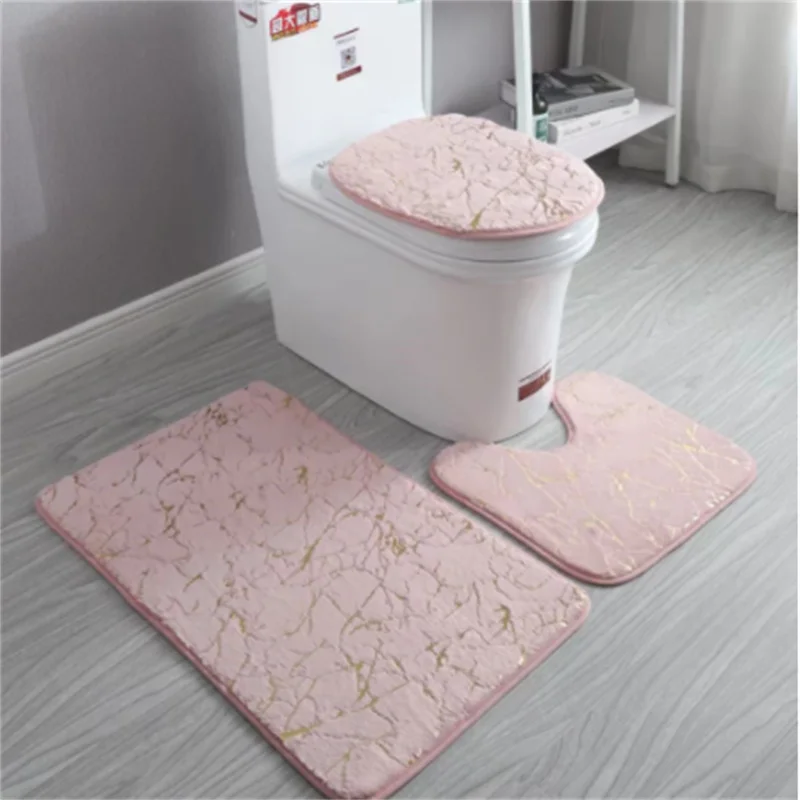 mat set of household living room bathroom toilet cushion set gold printing nonslip mat marble bronzing rug free global shipping