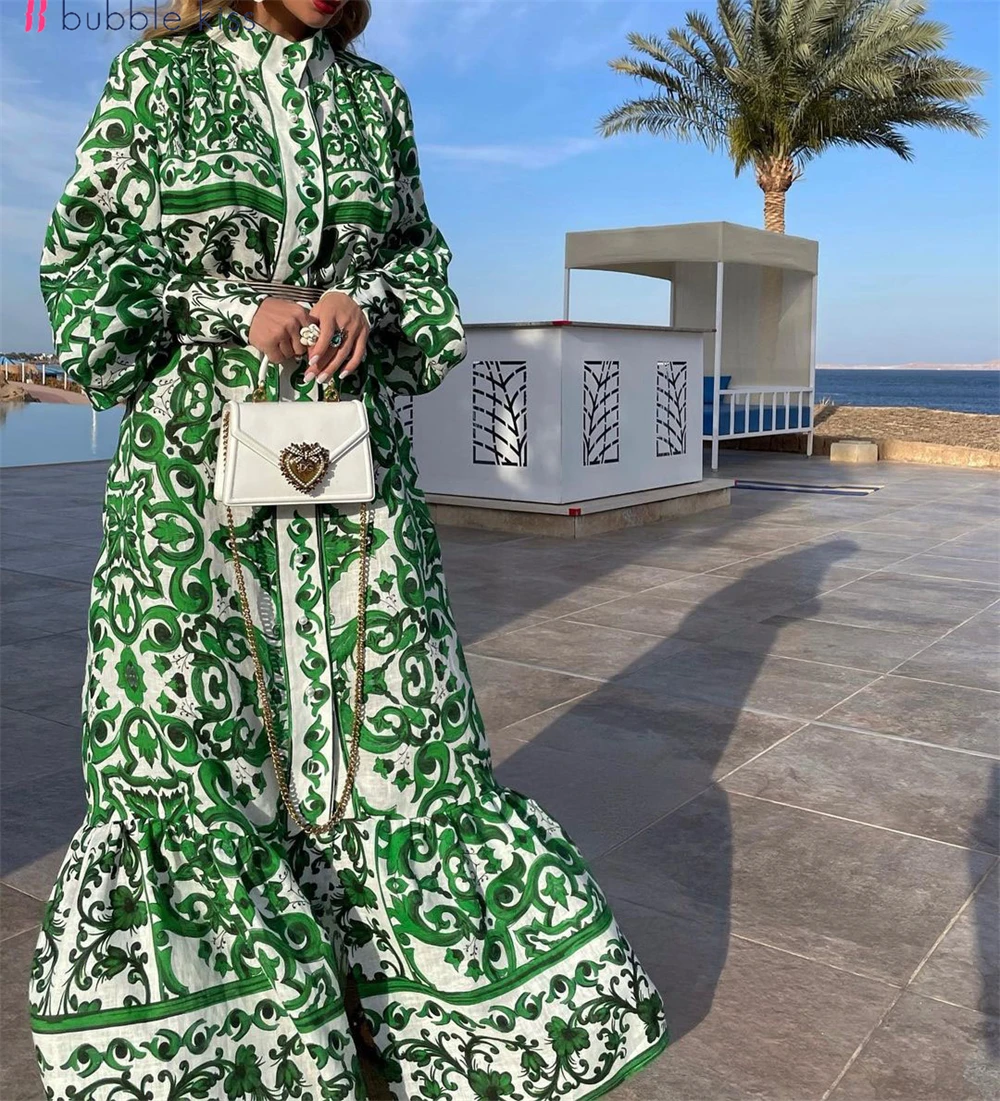

Women Dress Fashion Bohemia Print Elegant Female Dresses Folds Turtleneck Long Sleeve Dress Beach Style Party Holiday Travel