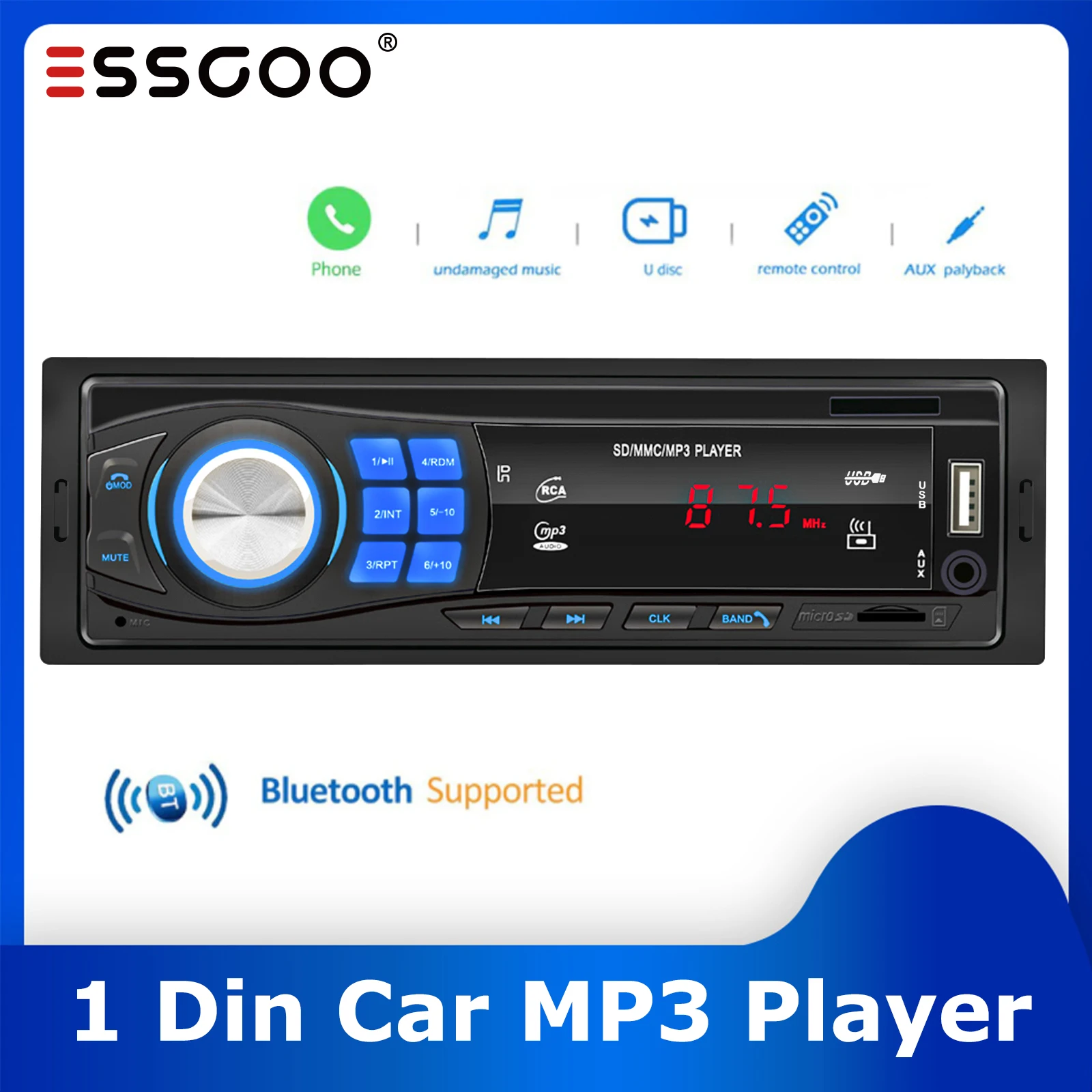 

ESSGOO Car Stereo Radio MP3 Player 1 Din Autoradio Bluetooth Digital Screen FM Radio Car Audio Music USB/SD AUX IN Charging
