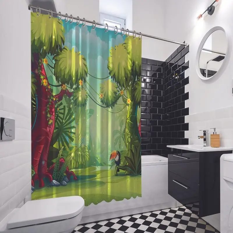 Занавеска для душа Toucan деревья и цветы джунгли дикая жизнь иллюстрация