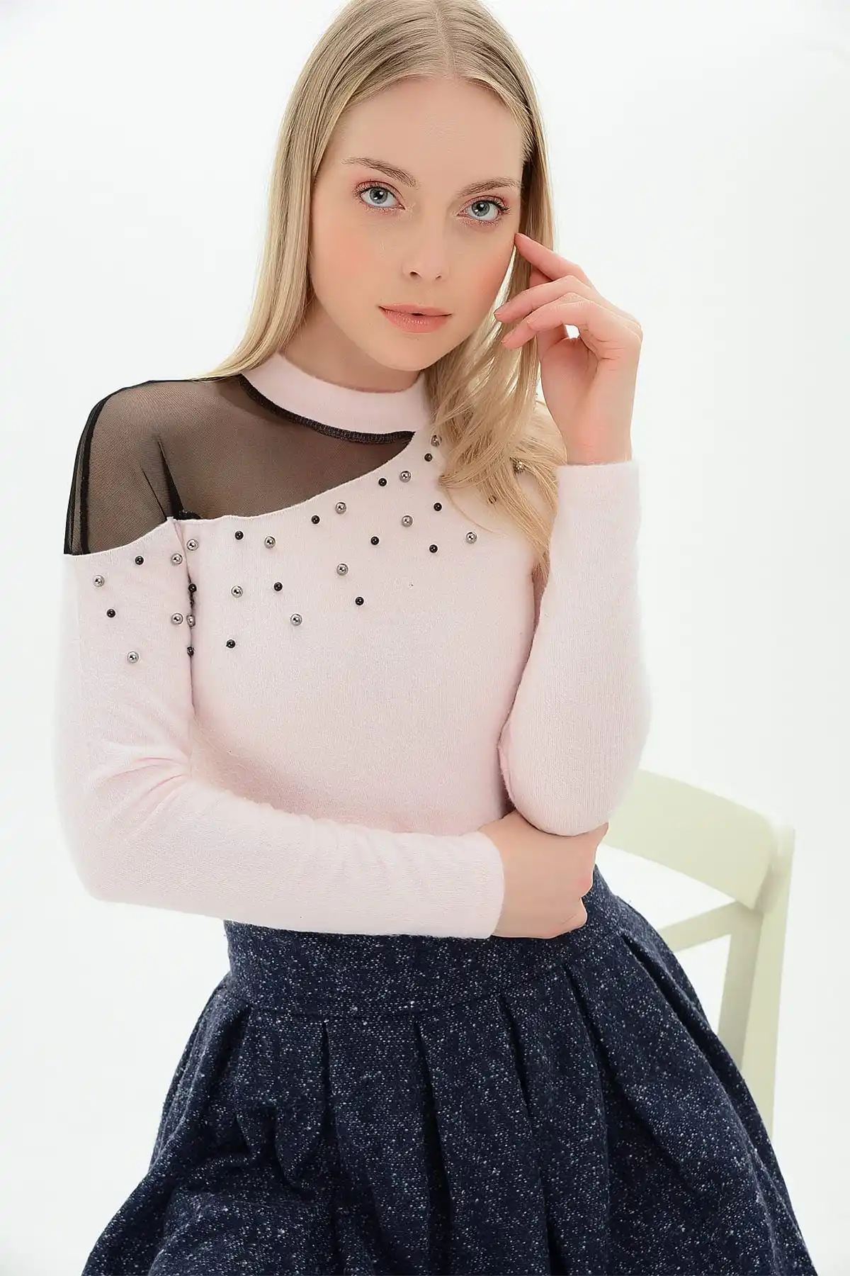 Хлопковое настроение Женская пудра ресницы тек Шул тюль с жемчугом блузка