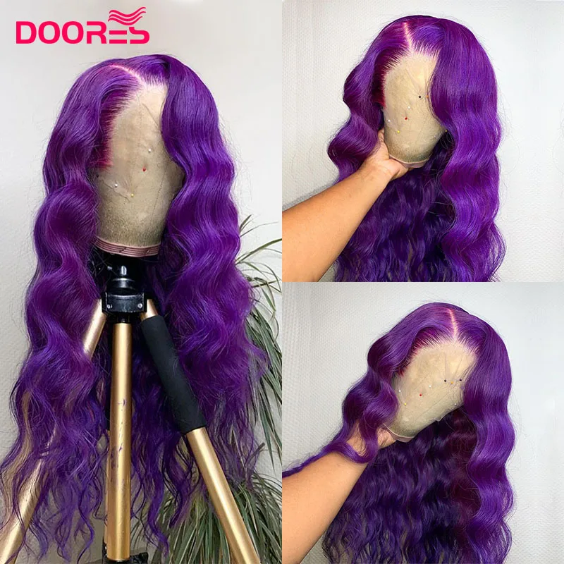 Парик из человеческих волос фиолетового цвета с волнами на лбу и прозрачной сеткой для женщин темнокожего цвета для косплея, 30 дюймов.
