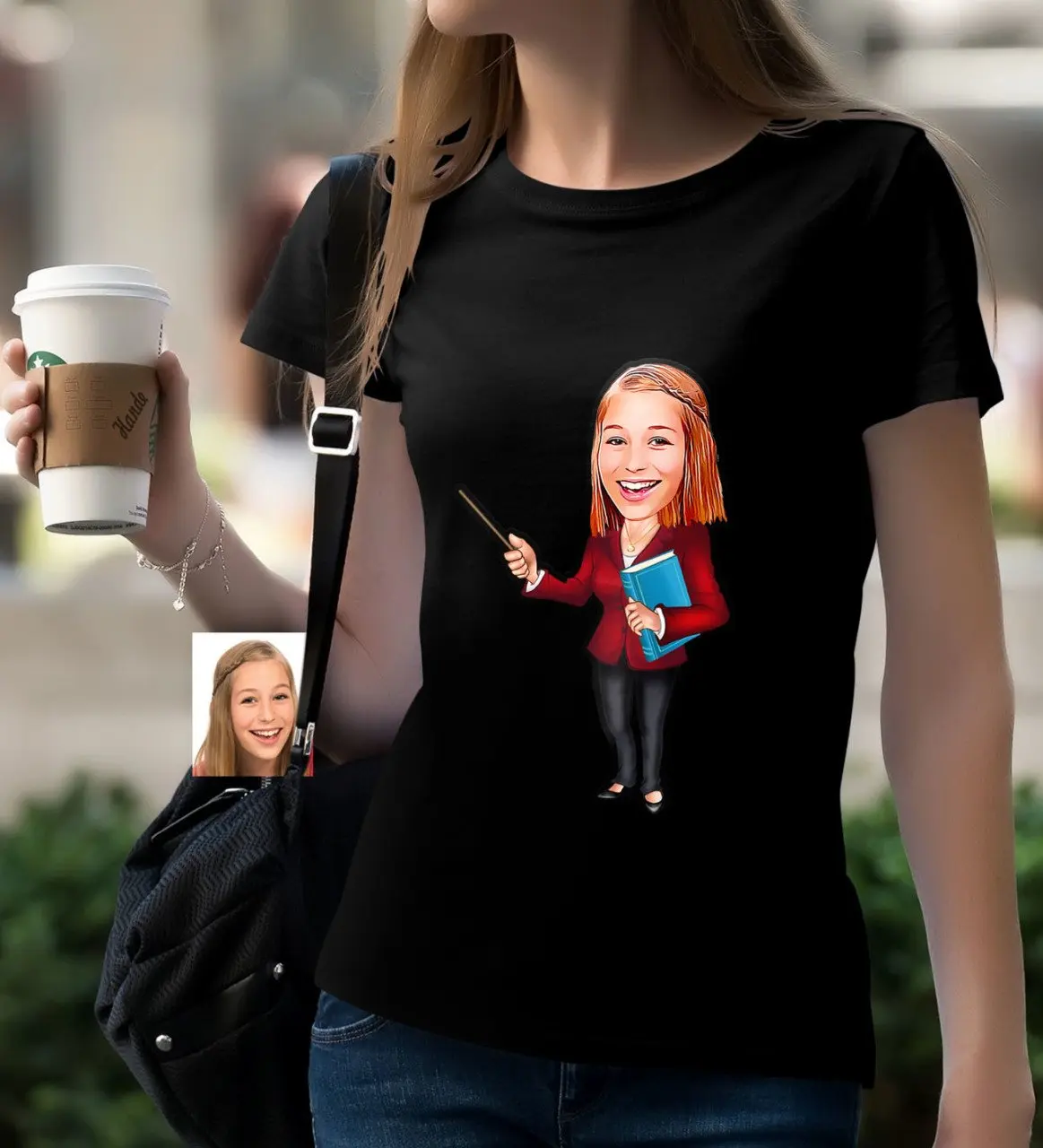 

Персонализированная Женская Учительская карикатура черного T-Shirt-3