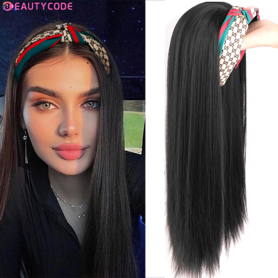 

Synthetic Long 3/4 Headband Wig with Hair Band Fluffy Clip in Hair Extension Straight Seamless High Temperature Hairpiece