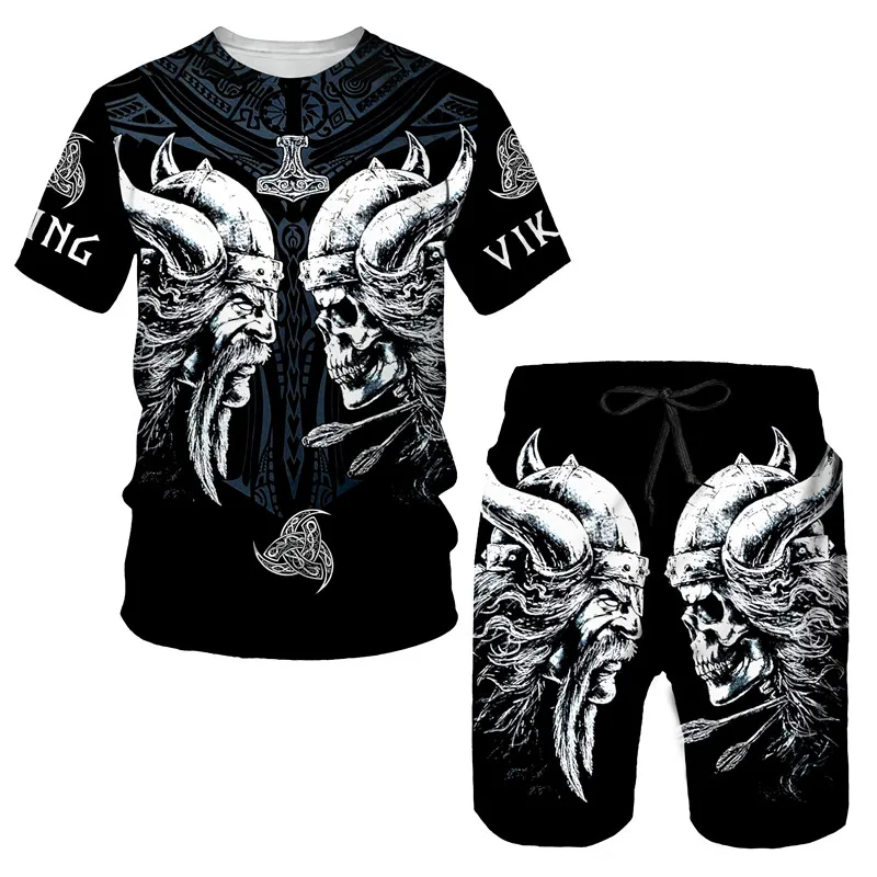 

Summer Viking Tattoo Graphic Printed Men's T-shirt/Shorts/Suit Retro O-neck Short Sleeved Male Tracksuits 2 Piece Sportswear Set